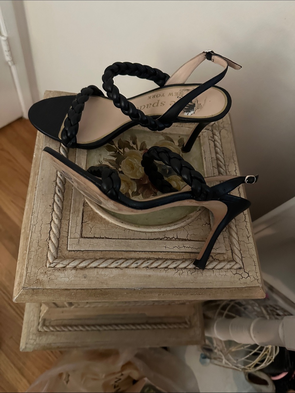 kate spade Black Braided Strap Stiletto Sandals with Ankle Buckle